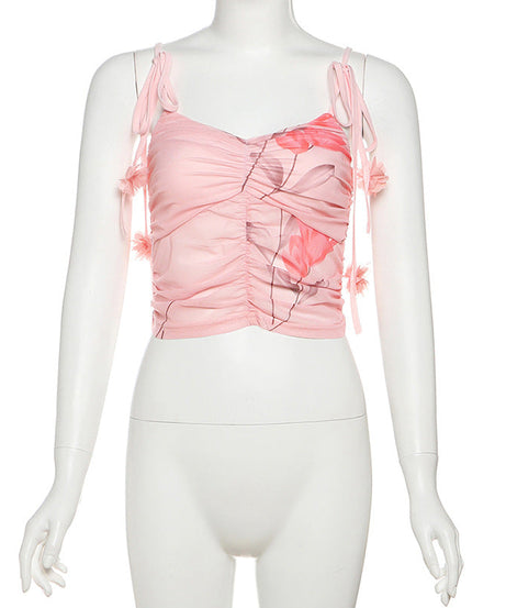 Enchanted Bloom Pink Floral Mesh Cami Top - Chic Tie-Strap Cropped for Fall Getaways & Layering