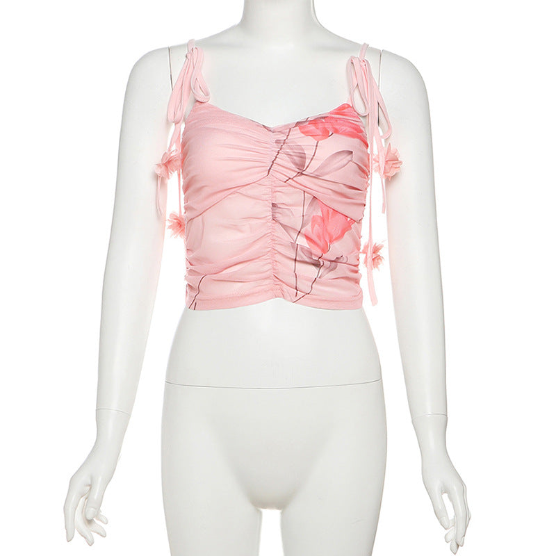 Enchanted Bloom Pink Floral Mesh Cami Top - Chic Tie-Strap Cropped for Fall Getaways & Layering
