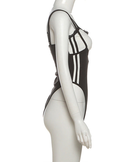Effortless Fall Style: Two-Tone Sporty Stripe Cami Bodysuit with Delicate Lace Trim