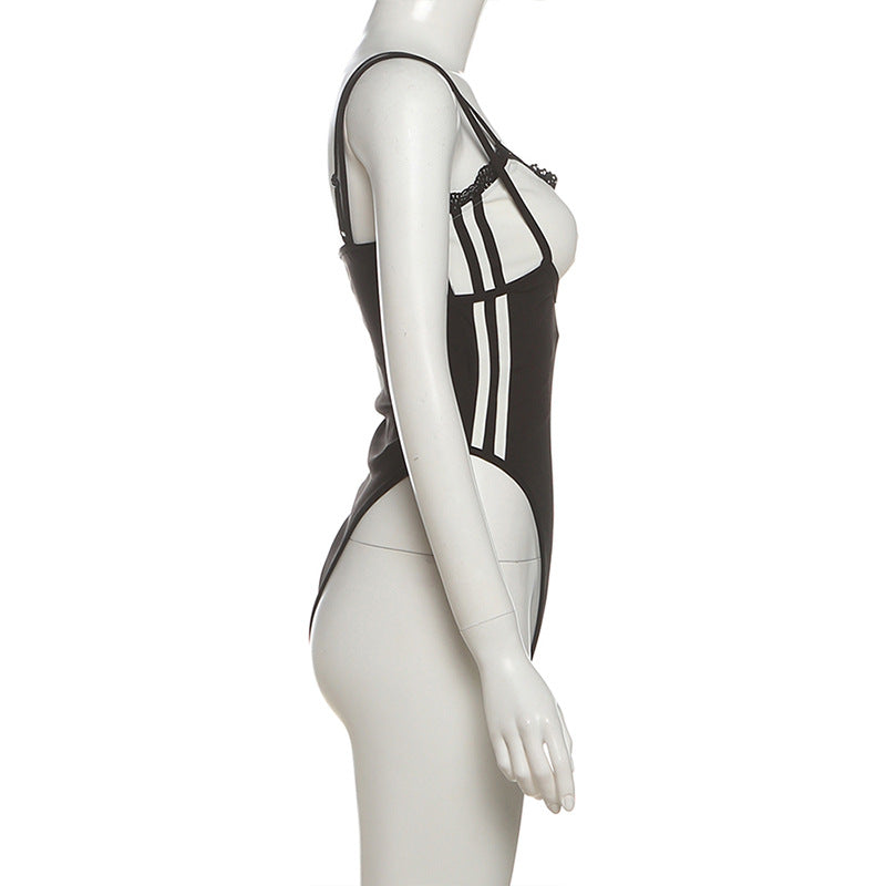 Effortless Fall Style: Two-Tone Sporty Stripe Cami Bodysuit with Delicate Lace Trim
