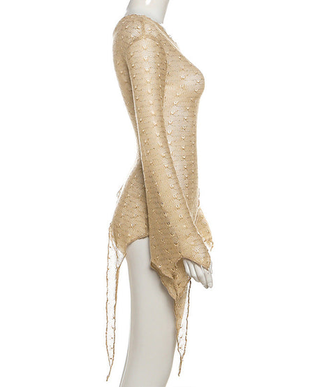 Y2K Grunge Distressed Knit Top - Sheer One-Shoulder Long Sleeve for Fall