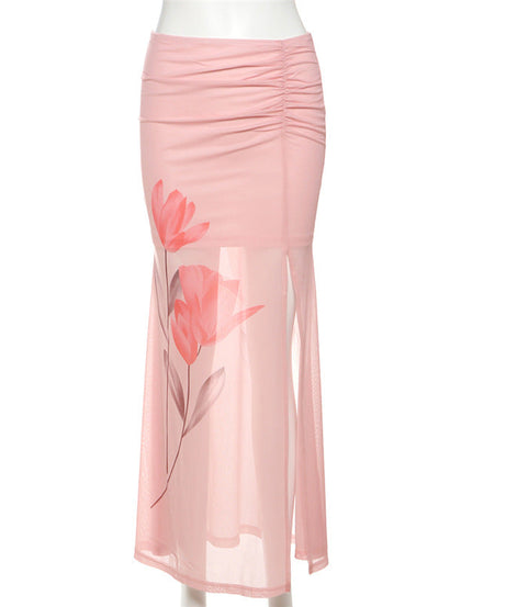 Pink Ruched High-Slit Mesh Maxi Skirt – Chic & Ready for Fall Parties & Getaways