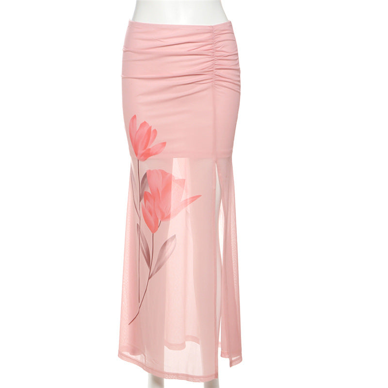 Pink Ruched High-Slit Mesh Maxi Skirt – Chic & Ready for Fall Parties & Getaways