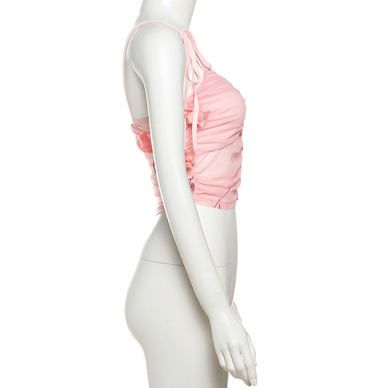 Enchanted Bloom Pink Floral Mesh Cami Top - Chic Tie-Strap Cropped for Fall Getaways & Layering