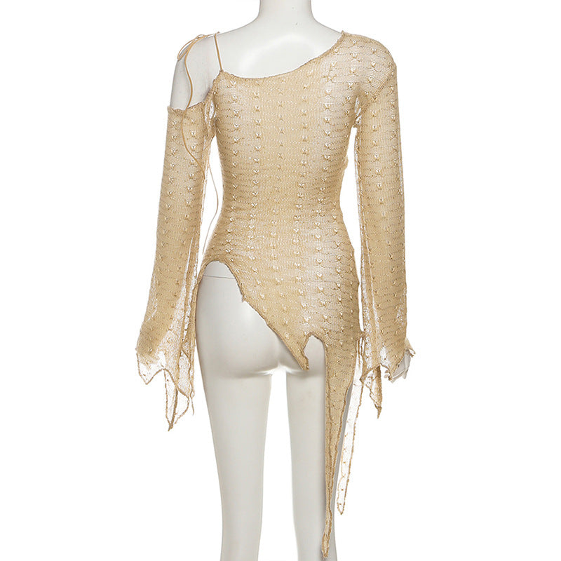 Y2K Grunge Distressed Knit Top - Sheer One-Shoulder Long Sleeve for Fall