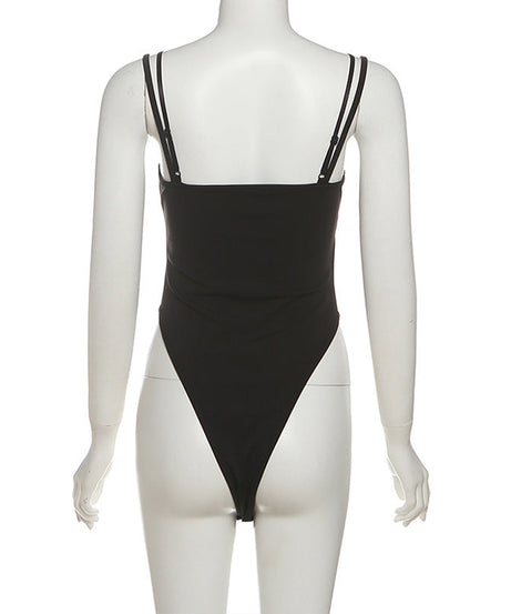 Effortless Fall Style: Two-Tone Sporty Stripe Cami Bodysuit with Delicate Lace Trim