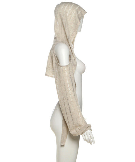 Effortless Fall Style: Distressed Open Knit Hooded Crop Top – Your Chic Layering Essential