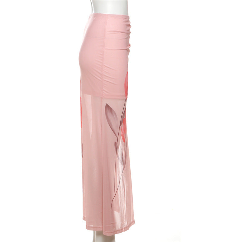 Pink Ruched High-Slit Mesh Maxi Skirt – Chic & Ready for Fall Parties & Getaways