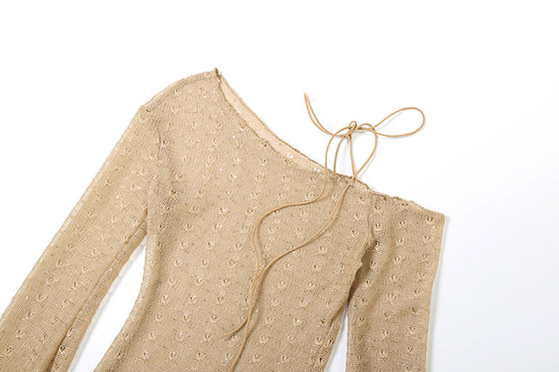 Y2K Grunge Distressed Knit Top - Sheer One-Shoulder Long Sleeve for Fall