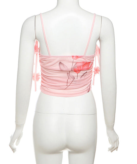 Enchanted Bloom Pink Floral Mesh Cami Top - Chic Tie-Strap Cropped for Fall Getaways & Layering