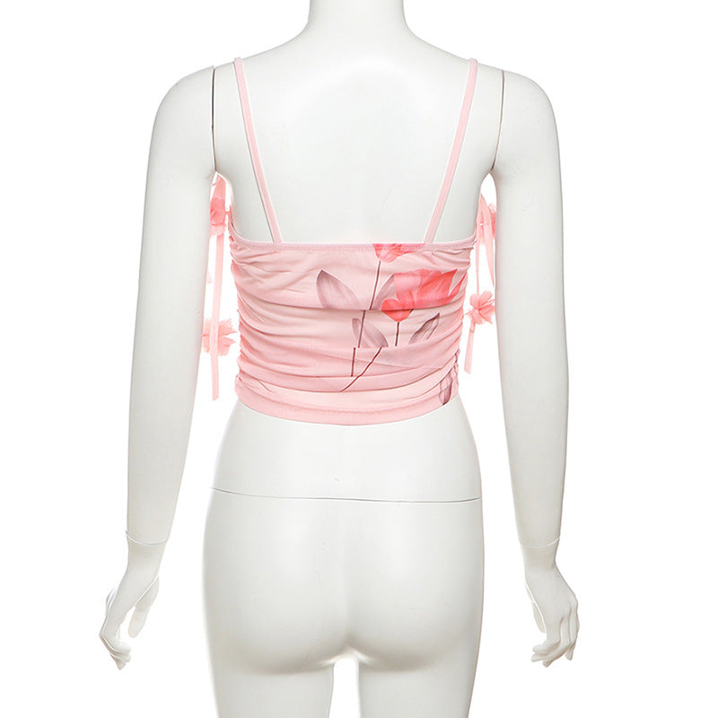 Enchanted Bloom Pink Floral Mesh Cami Top - Chic Tie-Strap Cropped for Fall Getaways & Layering
