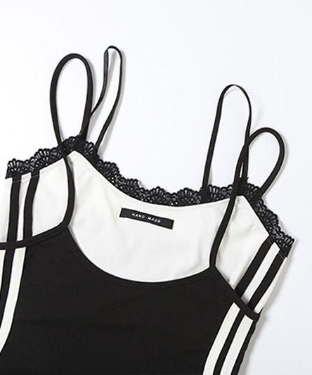 Effortless Fall Style: Two-Tone Sporty Stripe Cami Bodysuit with Delicate Lace Trim