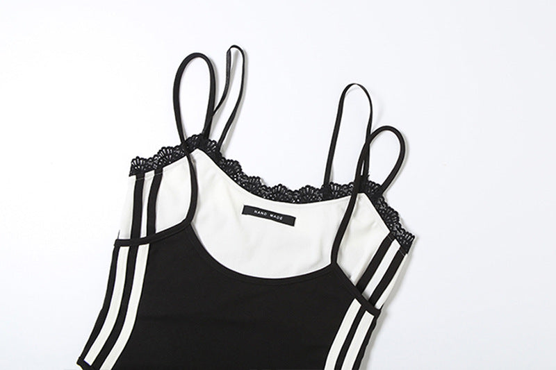 Effortless Fall Style: Two-Tone Sporty Stripe Cami Bodysuit with Delicate Lace Trim