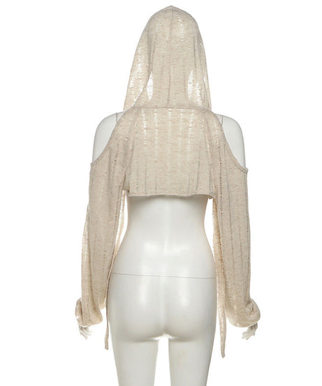 Effortless Fall Style: Distressed Open Knit Hooded Crop Top – Your Chic Layering Essential