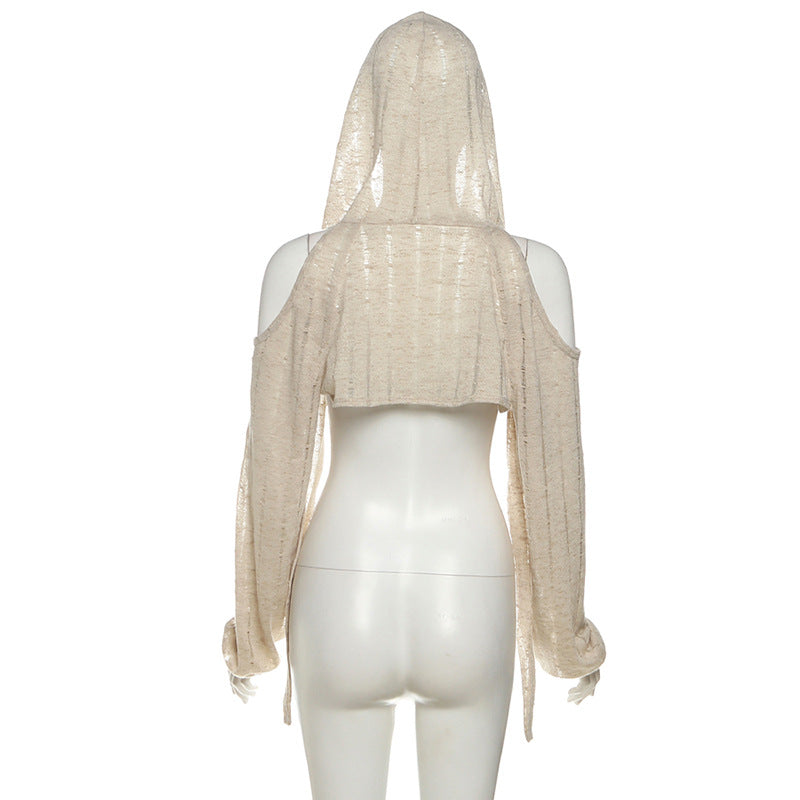 Effortless Fall Style: Distressed Open Knit Hooded Crop Top – Your Chic Layering Essential