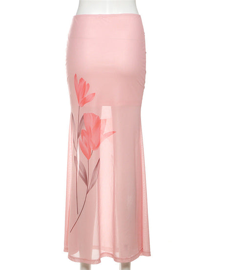 Pink Ruched High-Slit Mesh Maxi Skirt – Chic & Ready for Fall Parties & Getaways