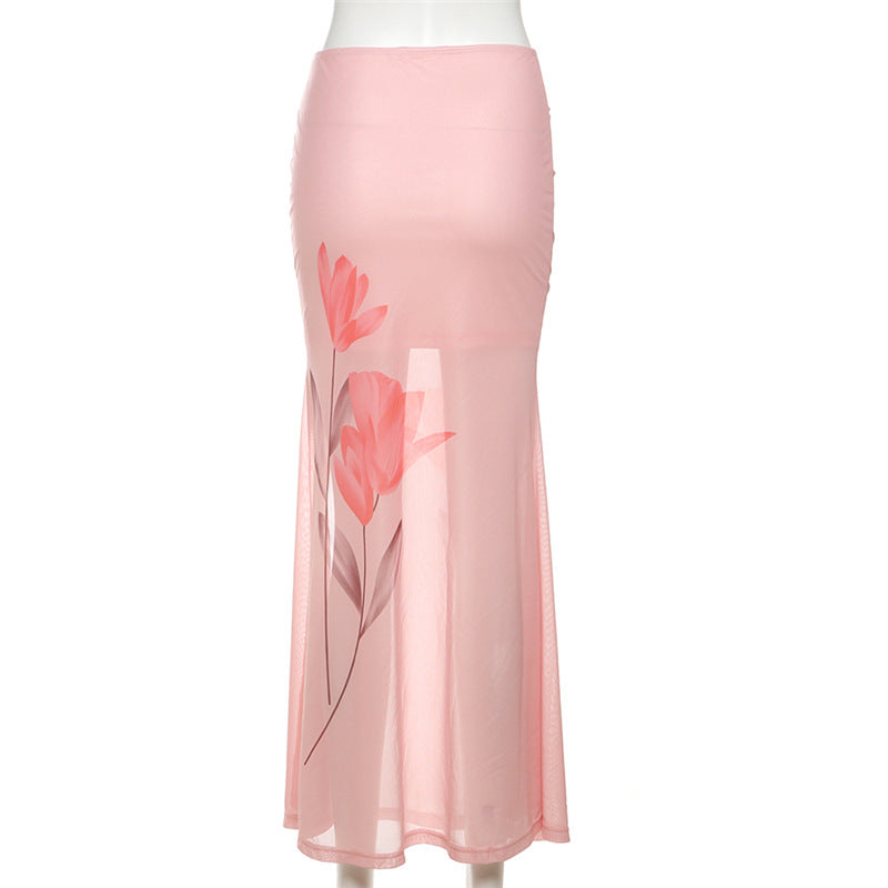 Pink Ruched High-Slit Mesh Maxi Skirt – Chic & Ready for Fall Parties & Getaways