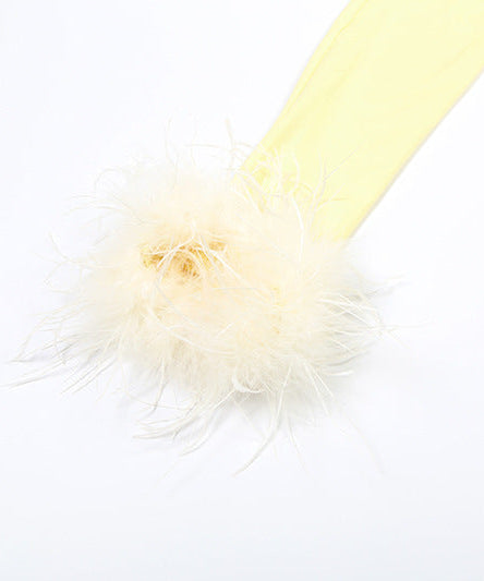 Glamorous Feather Cuff Ruched Mini Dress with Dramatic Train - Perfect for Fall & Holiday Parties