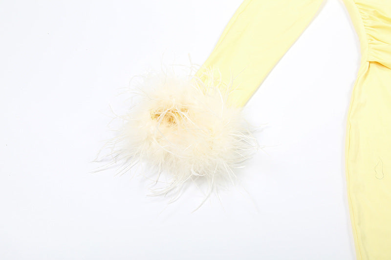 Glamorous Feather Cuff Ruched Mini Dress with Dramatic Train - Perfect for Fall & Holiday Parties