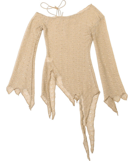 Y2K Grunge Distressed Knit Top - Sheer One-Shoulder Long Sleeve for Fall