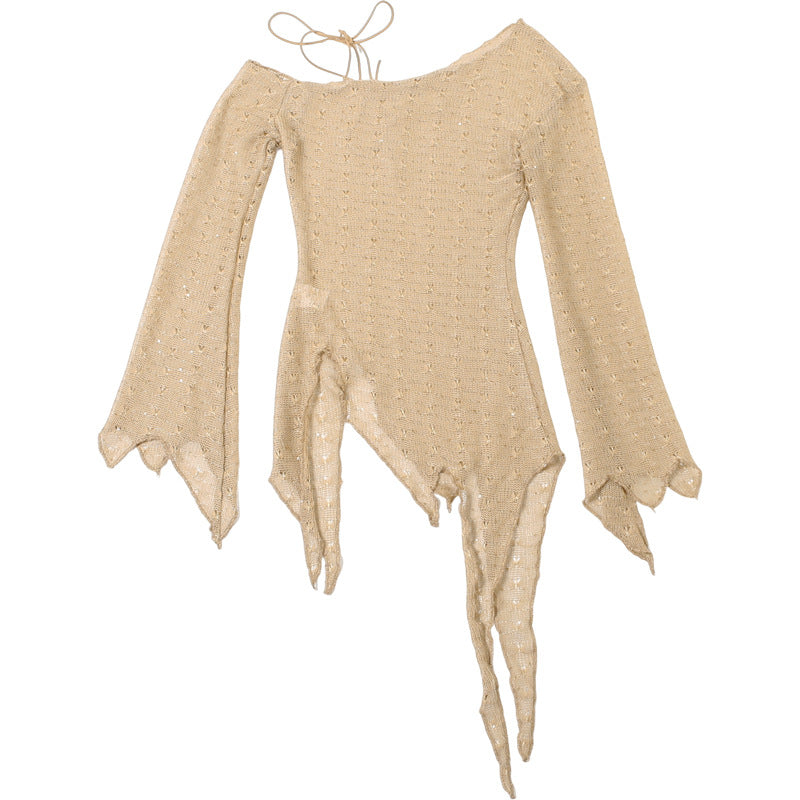 Y2K Grunge Distressed Knit Top - Sheer One-Shoulder Long Sleeve for Fall