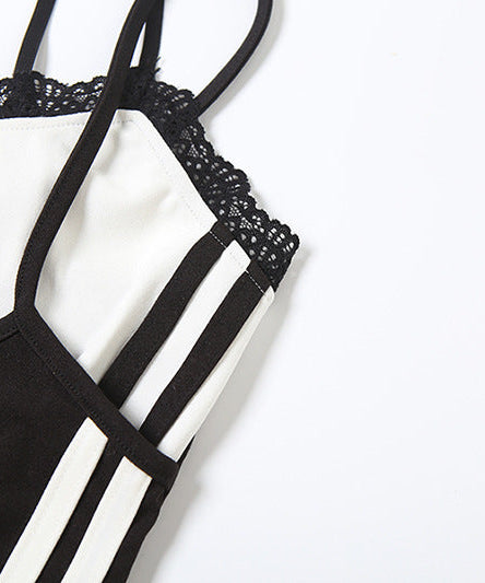 Effortless Fall Style: Two-Tone Sporty Stripe Cami Bodysuit with Delicate Lace Trim