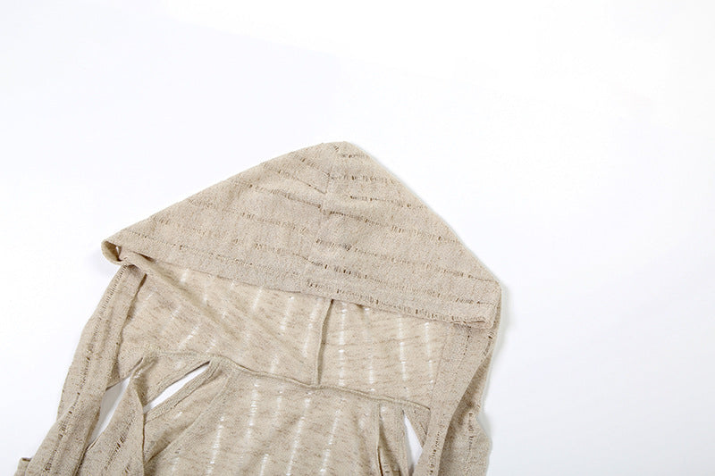 Effortless Fall Style: Distressed Open Knit Hooded Crop Top – Your Chic Layering Essential