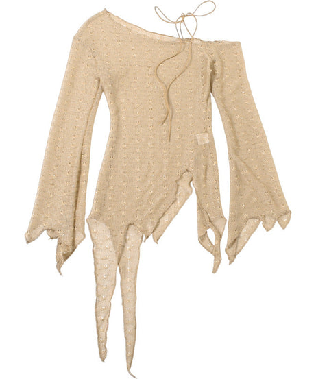 Y2K Grunge Distressed Knit Top - Sheer One-Shoulder Long Sleeve for Fall