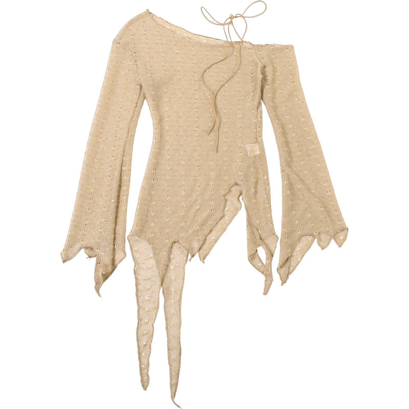 Y2K Grunge Distressed Knit Top - Sheer One-Shoulder Long Sleeve for Fall