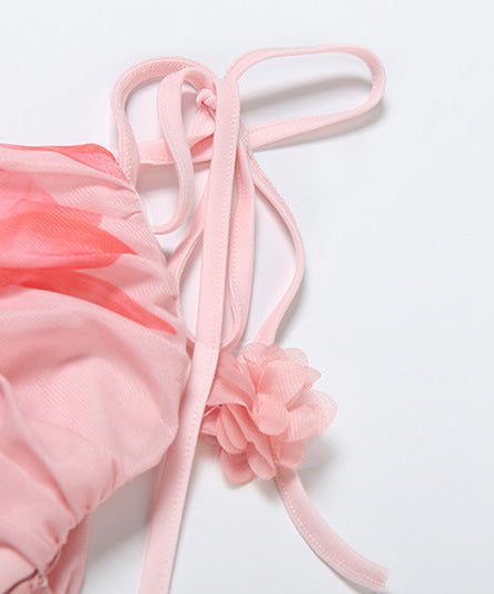 Enchanted Bloom Pink Floral Mesh Cami Top - Chic Tie-Strap Cropped for Fall Getaways & Layering