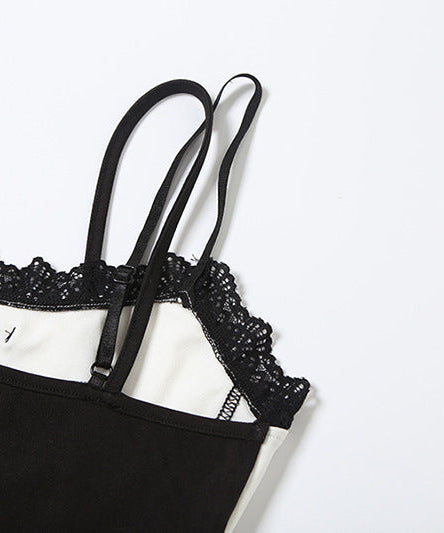 Effortless Fall Style: Two-Tone Sporty Stripe Cami Bodysuit with Delicate Lace Trim