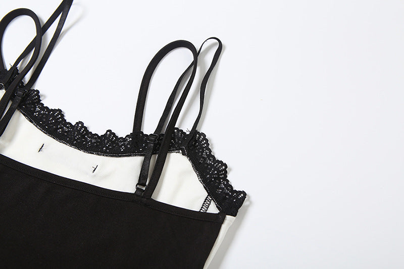 Effortless Fall Style: Two-Tone Sporty Stripe Cami Bodysuit with Delicate Lace Trim