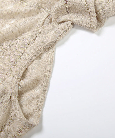 Effortless Fall Style: Distressed Open Knit Hooded Crop Top – Your Chic Layering Essential