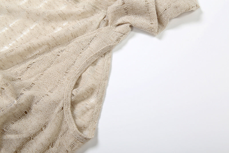 Effortless Fall Style: Distressed Open Knit Hooded Crop Top – Your Chic Layering Essential