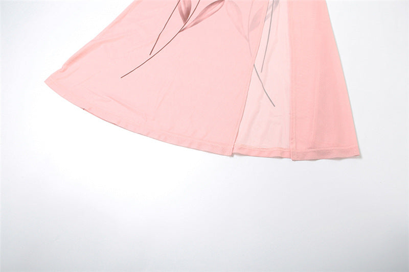 Pink Ruched High-Slit Mesh Maxi Skirt – Chic & Ready for Fall Parties & Getaways