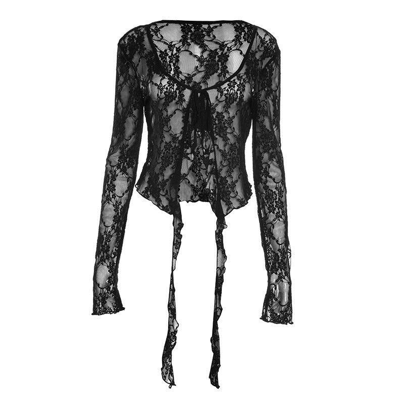 Gothic Romance Sheer Lace Tie-Front Top – Your Must-Have for Fall & Halloween Nights