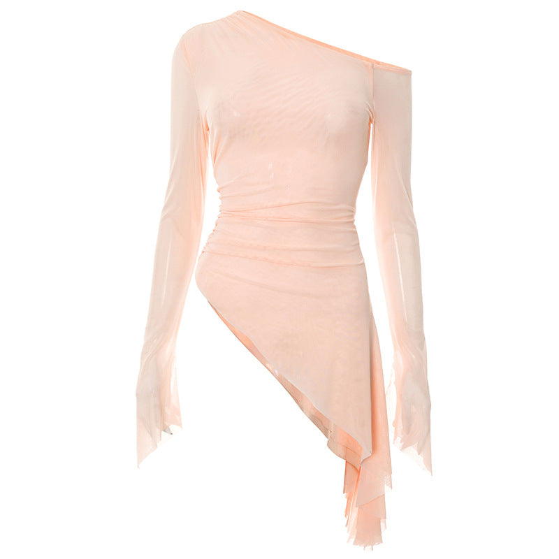 Blush Allure One-Shoulder Mesh Top | Asymmetrical Chic for Fall Evenings