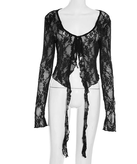 Gothic Romance Sheer Lace Tie-Front Top – Your Must-Have for Fall & Halloween Nights