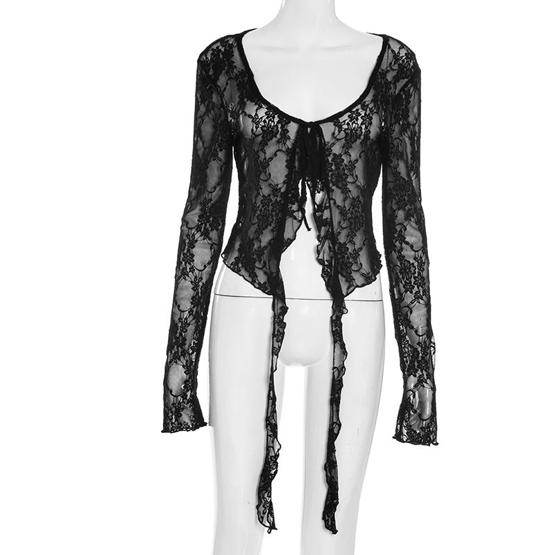 Gothic Romance Sheer Lace Tie-Front Top – Your Must-Have for Fall & Halloween Nights