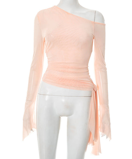 Blush Allure One-Shoulder Mesh Top | Asymmetrical Chic for Fall Evenings