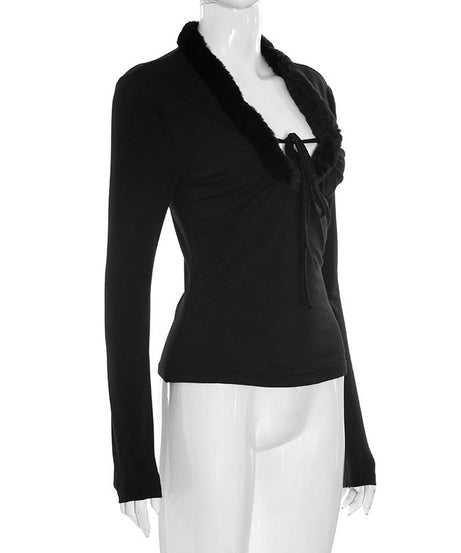 Glam Black Faux Fur Trim Long Sleeve Top - Chic Tie-Front Fall & Holiday Style