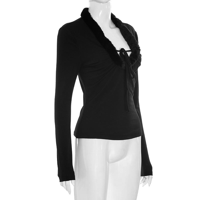 Glam Black Faux Fur Trim Long Sleeve Top - Chic Tie-Front Fall & Holiday Style