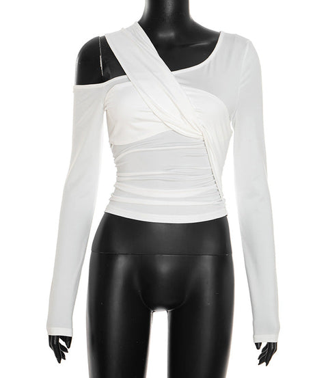 Fall Nights Out: Chic One-Shoulder Twist Front Ruched Long Sleeve Top