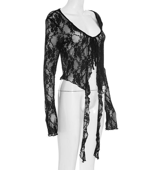Gothic Romance Sheer Lace Tie-Front Top – Your Must-Have for Fall & Halloween Nights