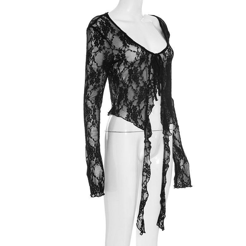 Gothic Romance Sheer Lace Tie-Front Top – Your Must-Have for Fall & Halloween Nights