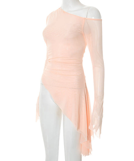 Blush Allure One-Shoulder Mesh Top | Asymmetrical Chic for Fall Evenings