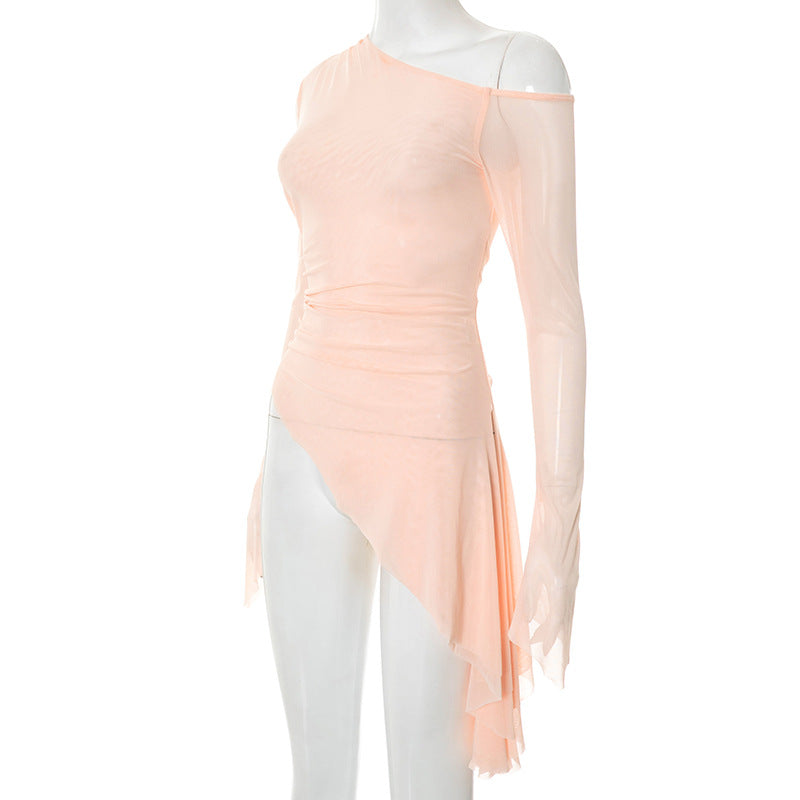 Blush Allure One-Shoulder Mesh Top | Asymmetrical Chic for Fall Evenings