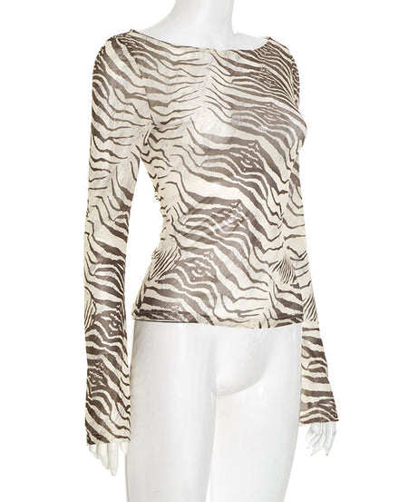 Untamed Chic! Women's Sheer Zebra Print Mesh Long Sleeve Top - Fall 2025 Fashion Essential