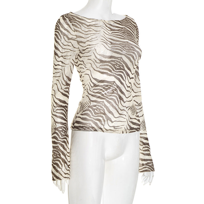 Untamed Chic! Women's Sheer Zebra Print Mesh Long Sleeve Top - Fall 2025 Fashion Essential