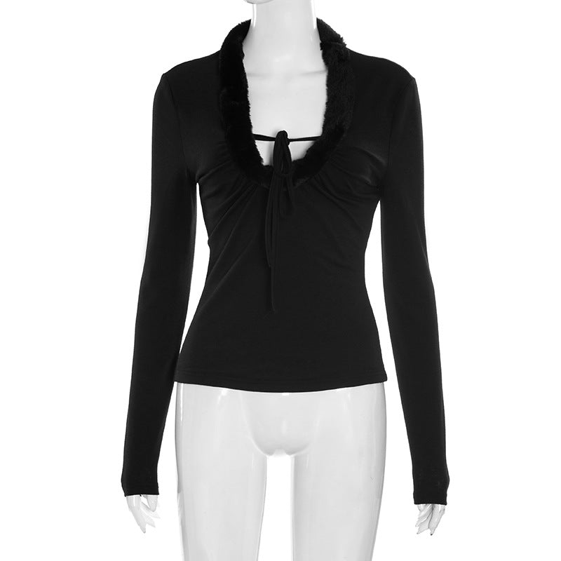 Glam Black Faux Fur Trim Long Sleeve Top - Chic Tie-Front Fall & Holiday Style